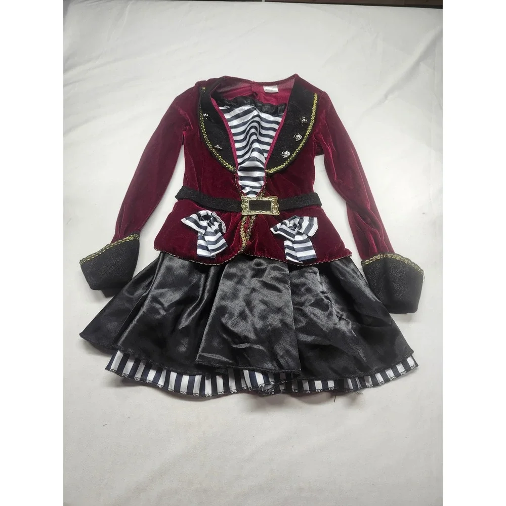 Spirit Halloween Kids Pirate Costume Dress Burgundy Velvet Black Striped Medium